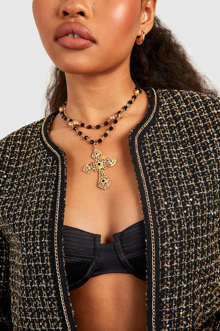 Beaded Layered Cross Detail Necklace