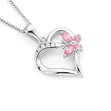 Sterling Silver Pink Cubic Zirconia Butterfly Heart Pendant