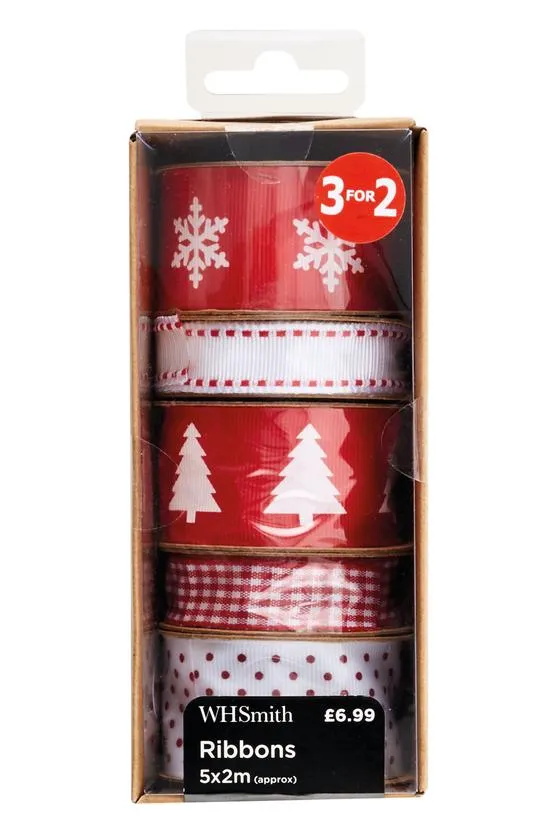 WHSmith Fabric Ribbon 10 Metre Red White