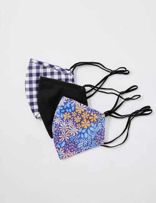 Xcesri Reusable Masks, Blue & Black, Pack of 3