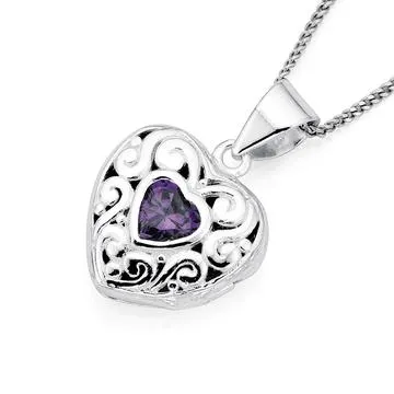 Sterling Silver Purple Cubic Zirconia Heart Locket