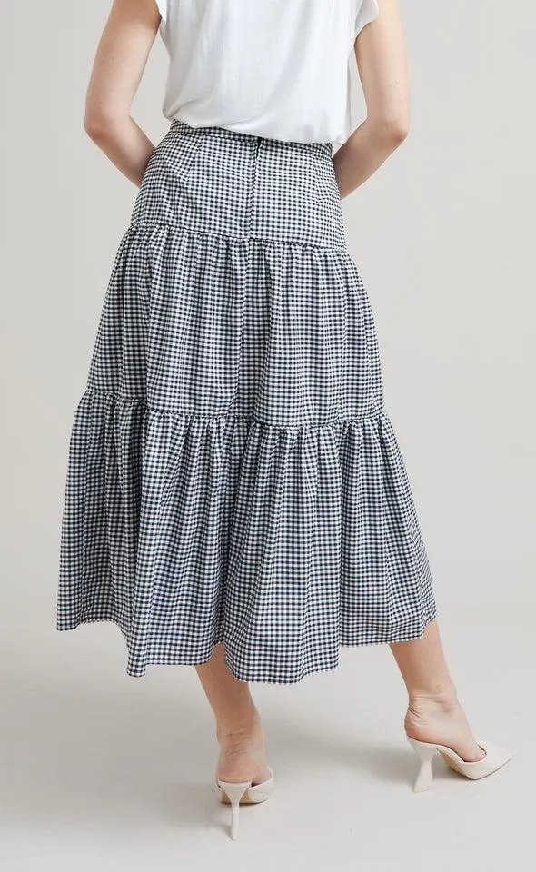 Checked Tiered Midi Skirt