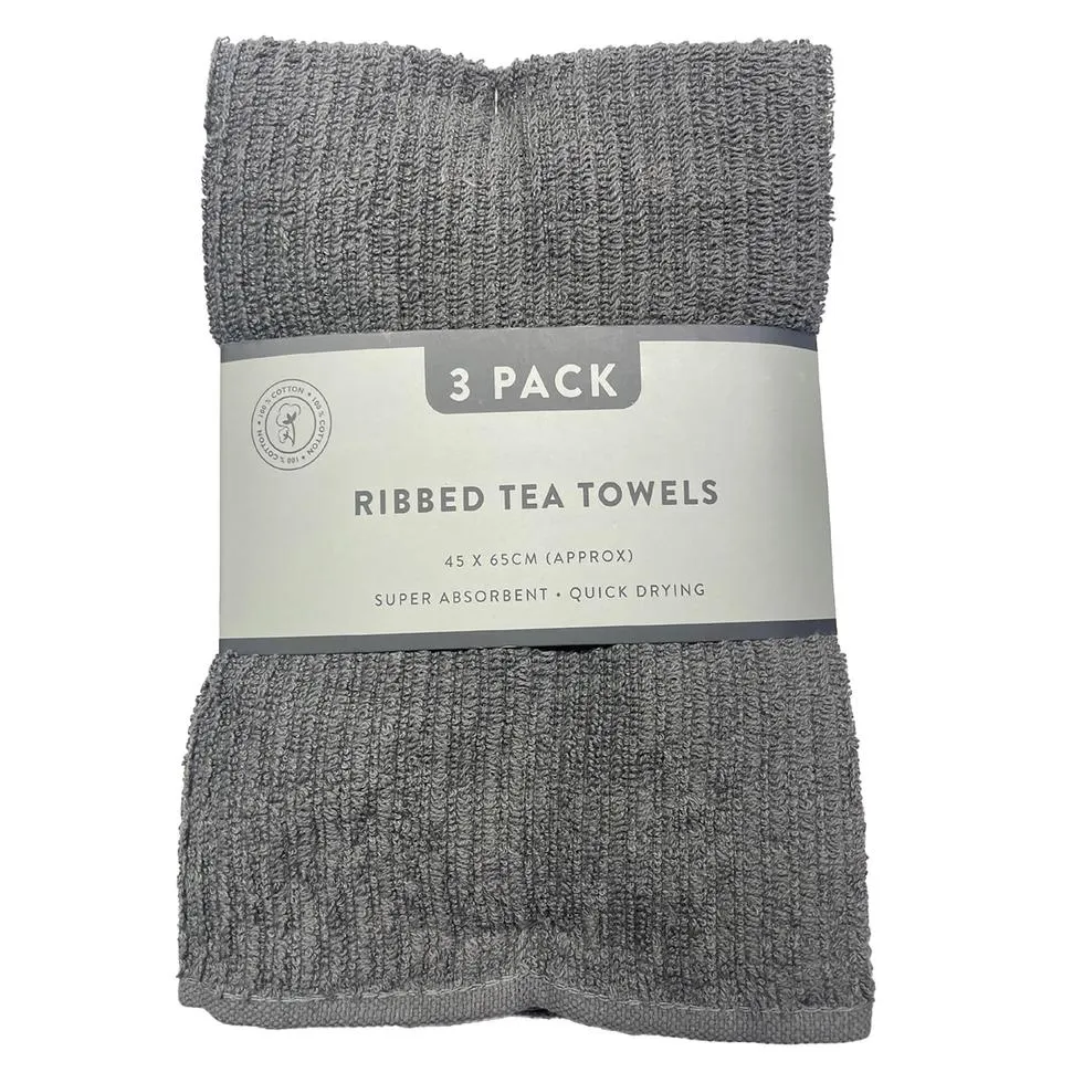 Ribbed Tea Towels Grey 3pk