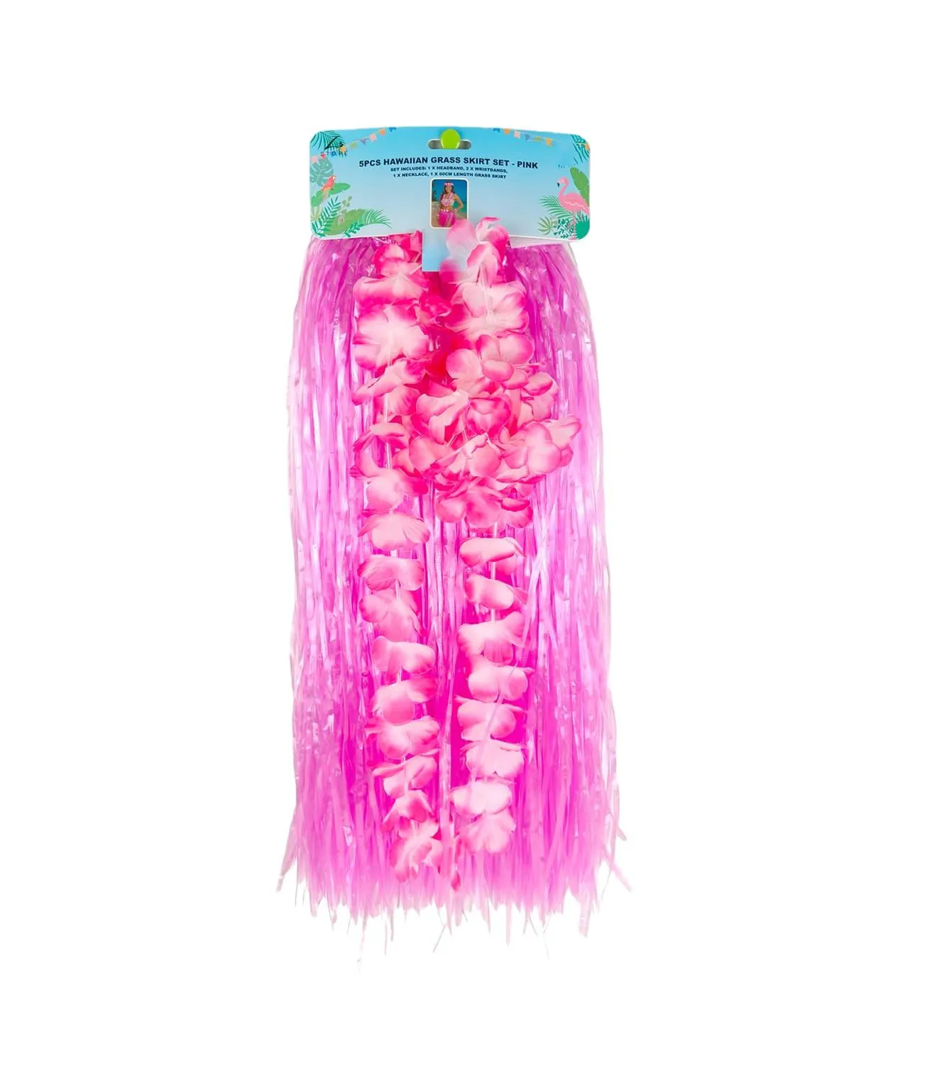 Pink Flowered Hawaiian Grass Skirt Set 5pc