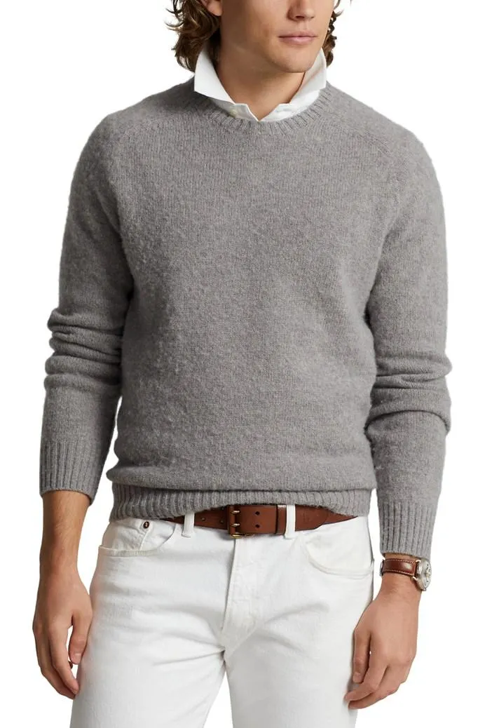 Suede-Patch Wool Crewneck Sweater