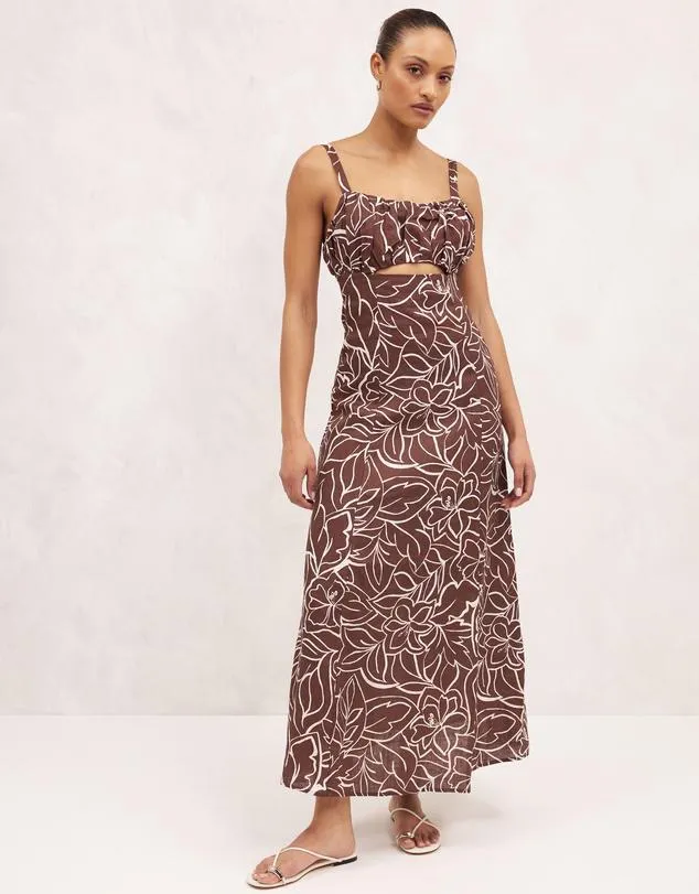 Linen Ruched Bodice Midi Dress