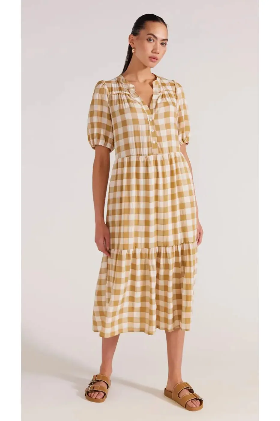 Arlo Tiered Midi Dress | White/Beige