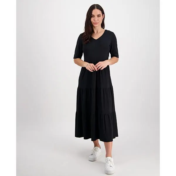 V Neck Tiered Dress Black