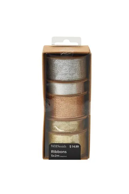 WHSmith Fabric Ribbon 10 Metre Metallic Silver Gold