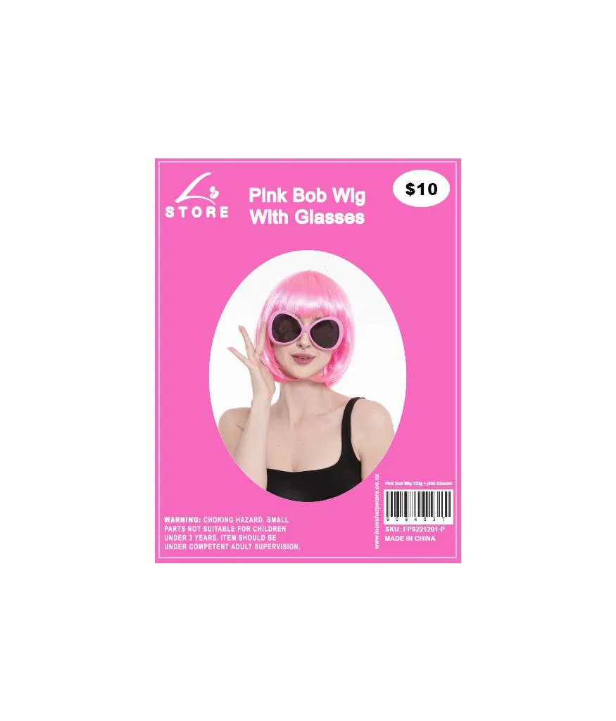 Pink Bob Wig With Glasses Set