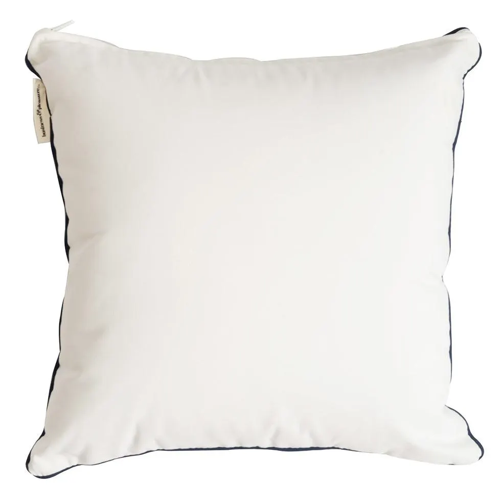 Outdoor white scatter cushion with navy piping 46cm square