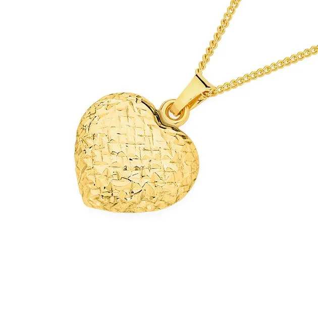 9ct Gold Two Tone 14mm Diamond-Cut Puff Heart Pendant