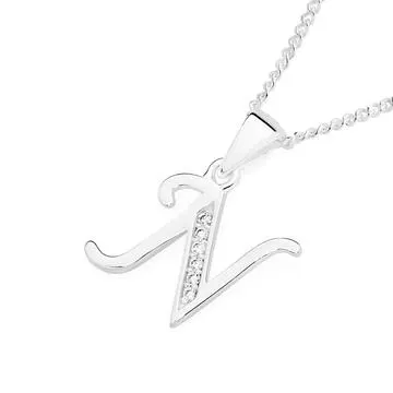 Initial N Letter Pendant in Sterling Silver with CZ