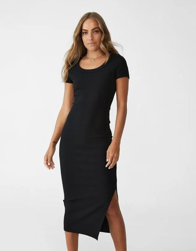 Rib Short Sleeve Split Midi Dress