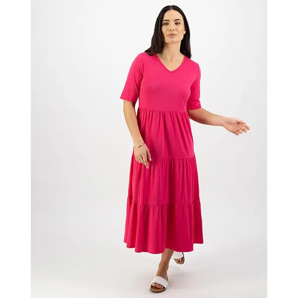 V Neck Tiered Dress Cerise