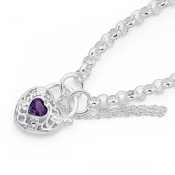 Sterling Silver 19cm Belcher Bracelet with Amethyst Padlock