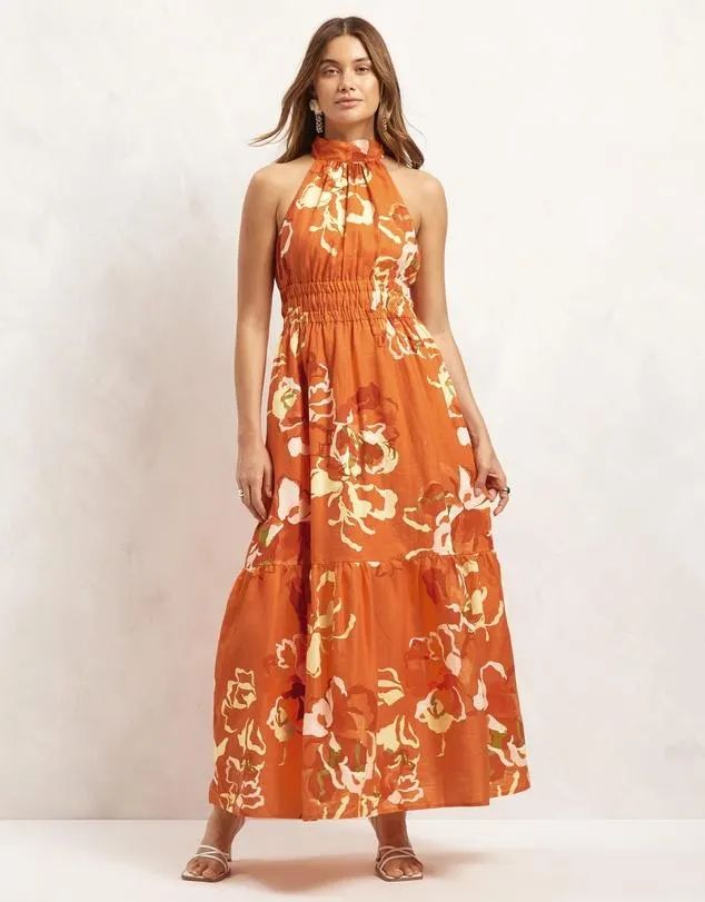 Linen Gathered Waist Halter Dress
