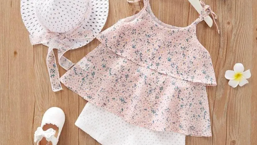 Girl Ruffle Strap Blouse and Shorts and Hat set
