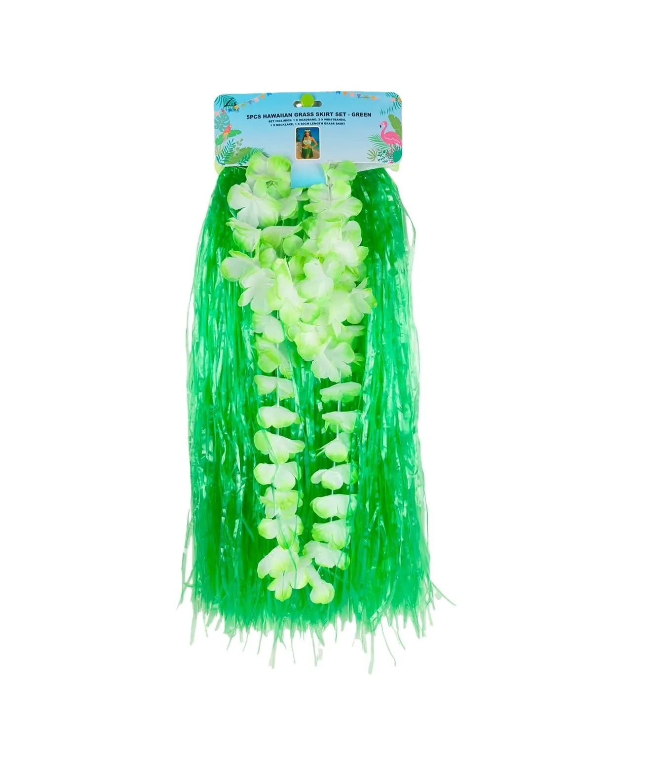 Green Flowered Hawaiian Grass Skirt Set 5pc