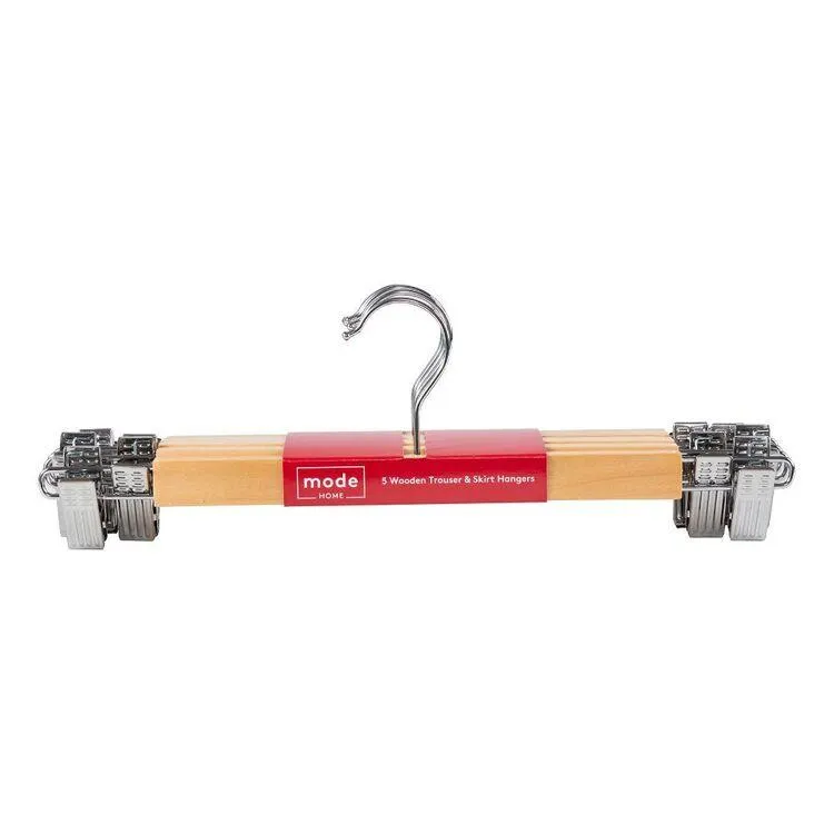 Mode Home Trouser & Skirt Wodden Hanger 5 Pack Silver