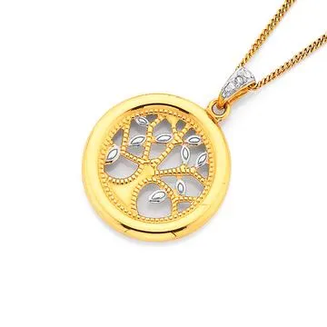 9ct Two Tone, Diamond Bail Tree Of Life Circle Pendant