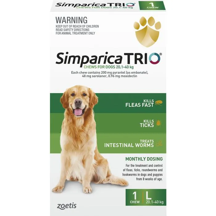 Simparica Trio Flea Tick & Worm Treatment 20.1kg-40kg - 1 Pack