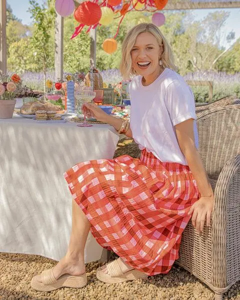 Elm Edin Shirred Skirt Poppy Red Check