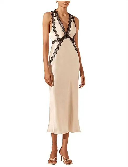 Camille Lace Plunged Cross Back Midi Dress
