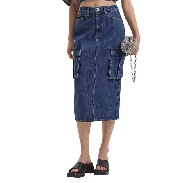 Self Portrait Denim Cargo Midi Skirt