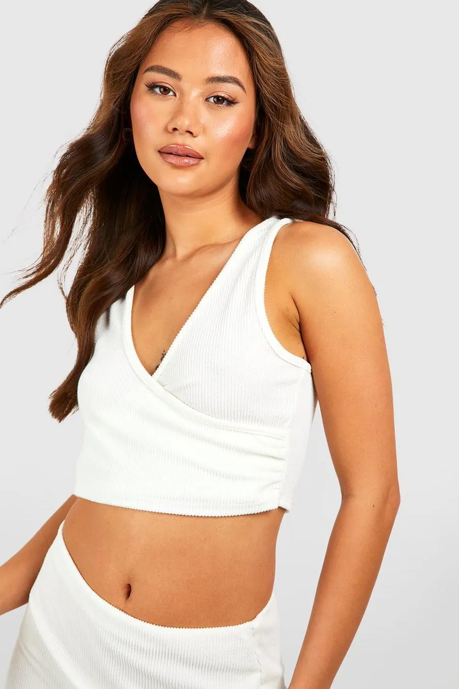 Ribbed Plunge Wrap Tie Waist Top