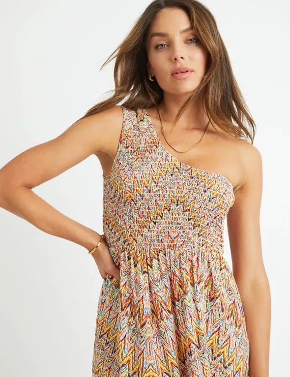 Rockmans One Shoulder Shirred Bodice Dress