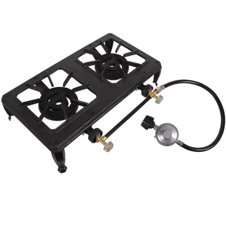 2 Burner LPG Gas Hob Cooker Stove | Cast Iron, Dual Ring + QCC Regulator Hose