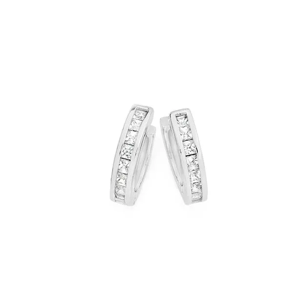 Silver CZ Princess Cut Channel Set Huggie Earrings
