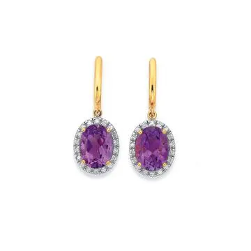 9ct, Amethyst & Diamond Earrings