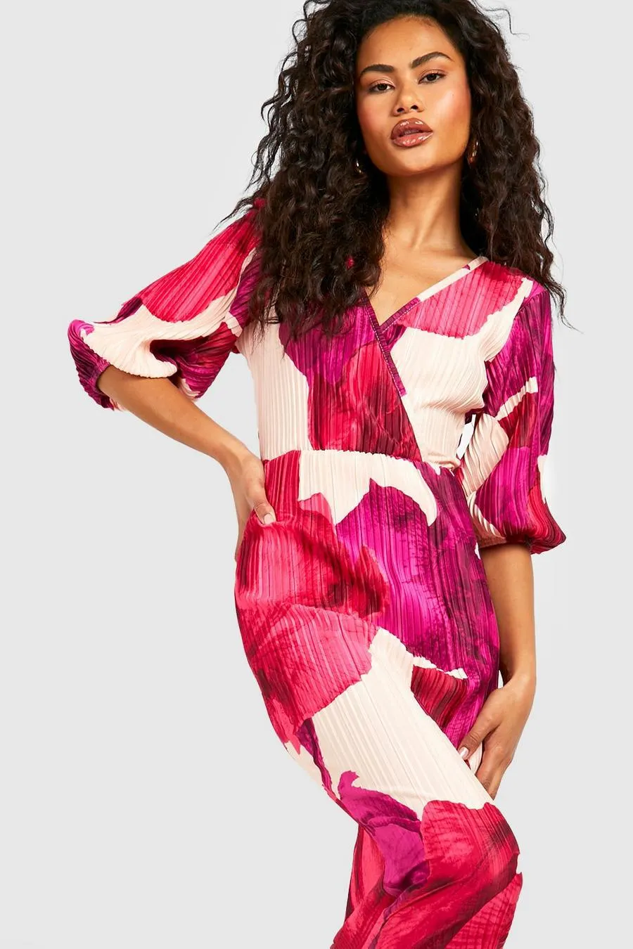 Floral Plisse Puff Sleeve Midi Dress