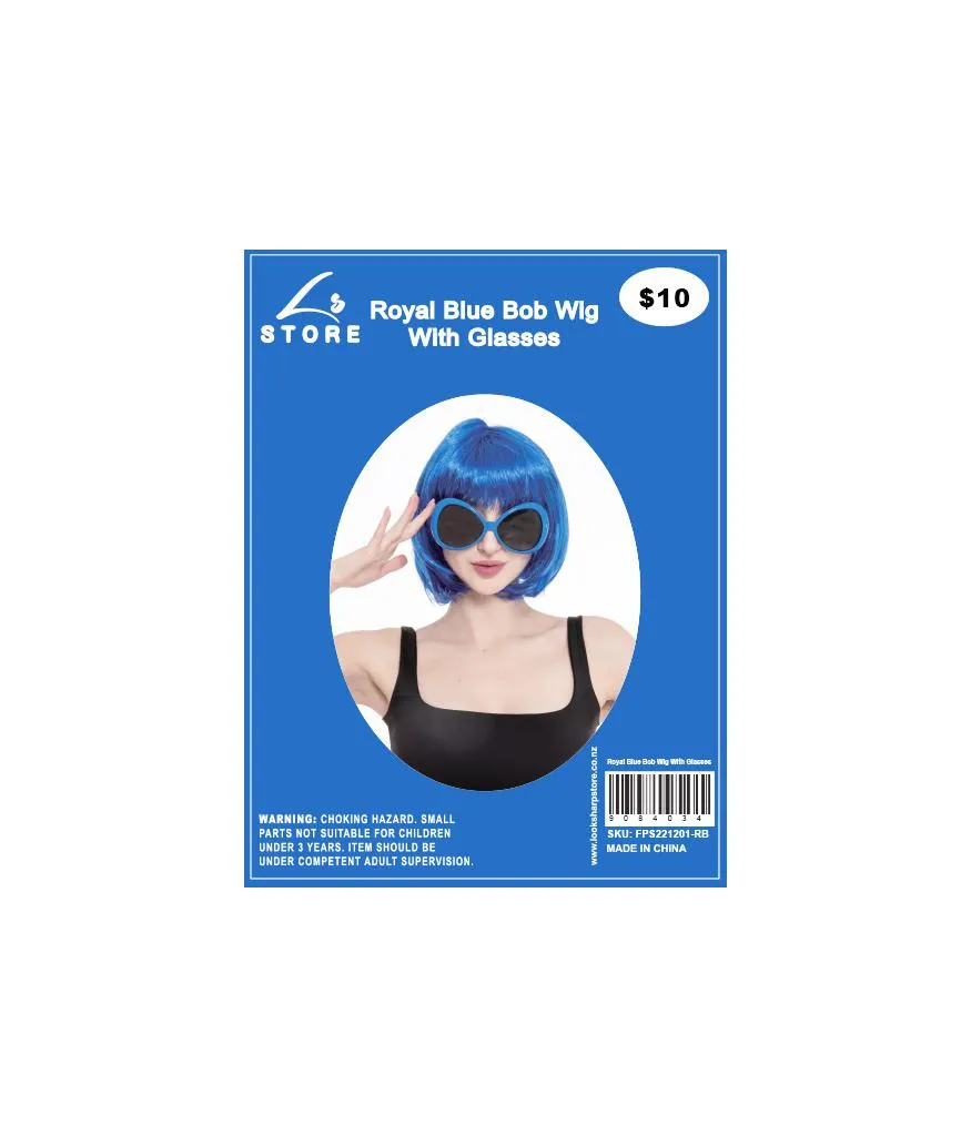 Royal Blue Bob Wig With Glasses Set
