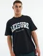 Embroidered Leisure Print T Shirt in Solid Black