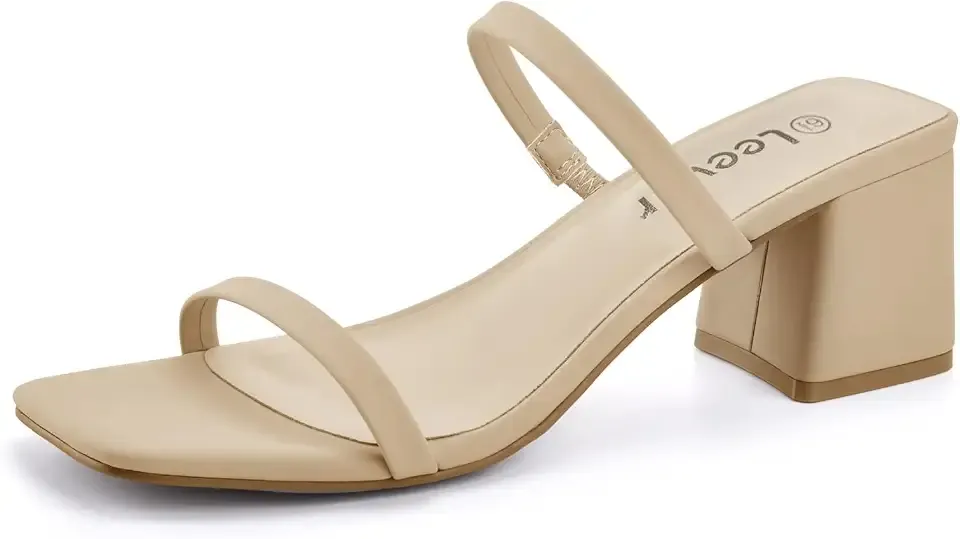 Square Toe Heeled Sandals for Women - Women's Low Block Heels Sandals - 2.25IN Open Toe Ankle Strap Chunky Heels - Slip on Heeled Sandal Mule- Nude Black Strappy Heels for Party Wedding Dress Shoes