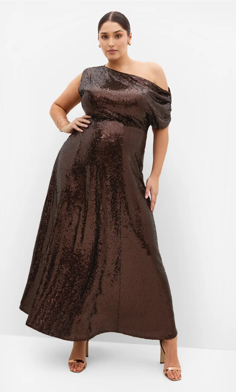 Sequin Off Shoulder Maxi Dress - chocolate