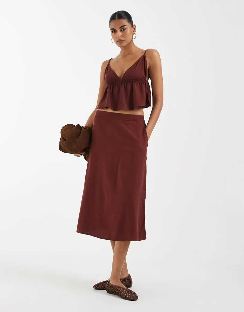 Vero Moda linen touch cami strap top and midi skirt set in burgundy