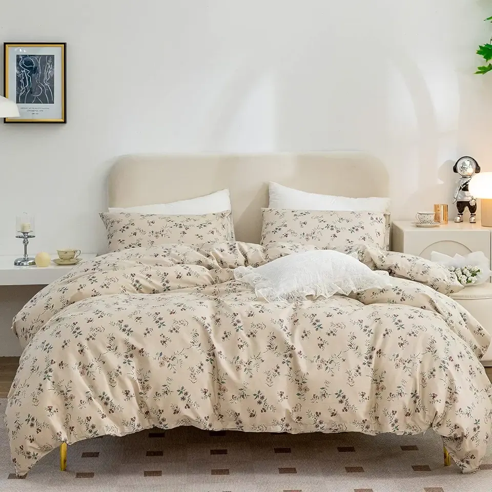Jane yre Duvet Cover Queen Floral, Brushed Microfiber 3 Pieces Bedding Set, Garden Style Vintage Floral Queen Duvet Cover Flower, with Zipper Closure, Luxury Soft Breathable Comfy