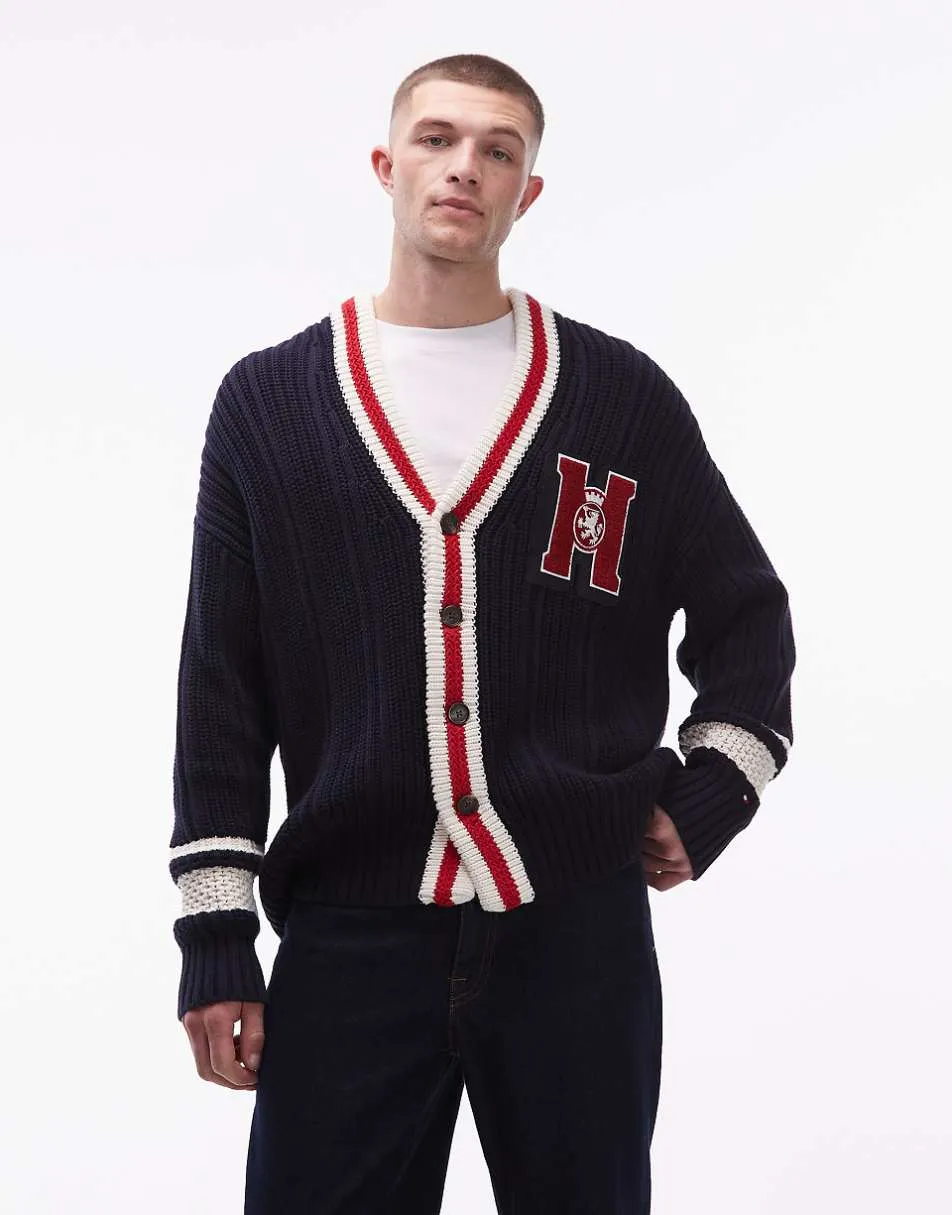 Tommy Hilfiger embroidered logo cardigan in navy and red