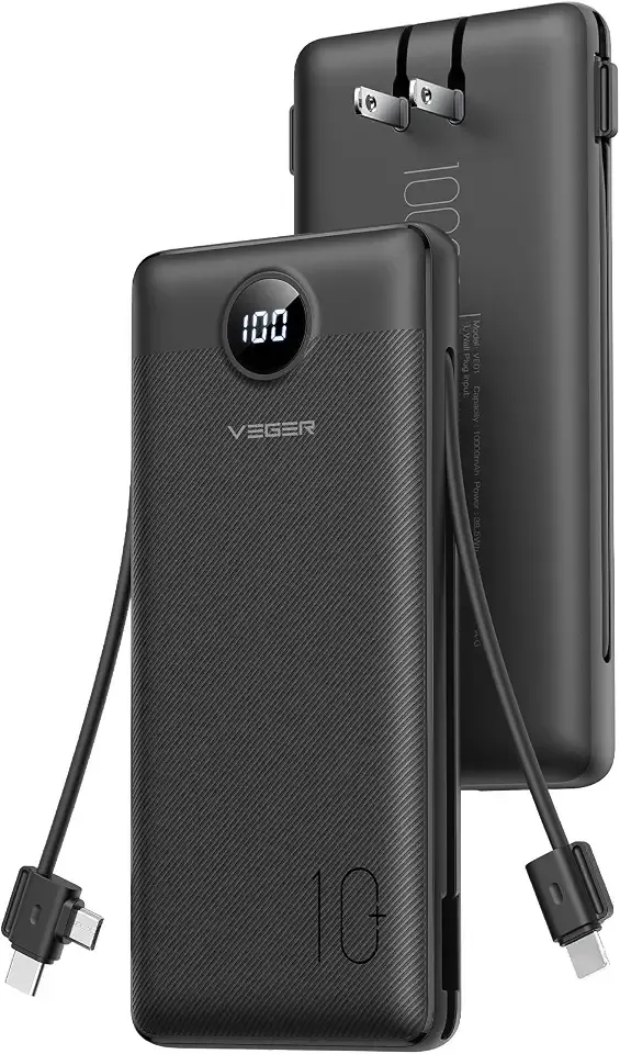 VEGER Portable Charger, 10000mAh Power Bank Built in Wall Plug and Cables | Ultra Slim&Compact, Charge 5 Devices at Once, Flight-Safe, Travel Essentials Battery Pack for iPhone 17, iPad, Samsung, etc