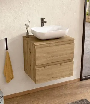 BELLOBATH - Mueble de baño suspendido con lavabo de cerámica, Mueble con 2 Cajones, 60 x 55 x 46 cm, Mueble roble