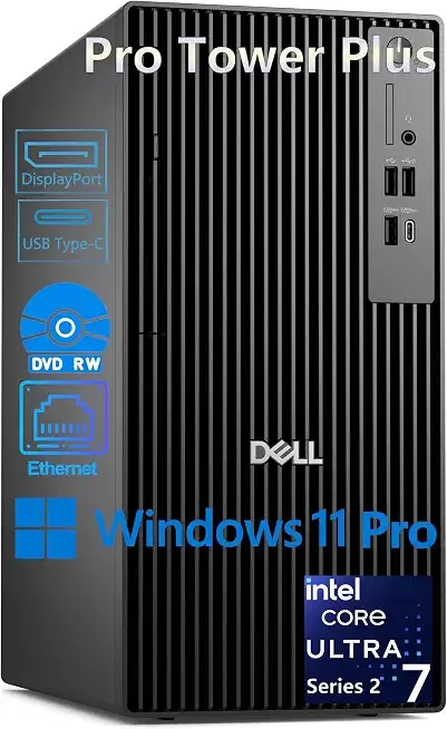 Dell Pro Tower Plus Desktop PC, Intel Core Ultra 7 265 20-Core up to 5.3GHz, 32GB DDR5 RAM, 1TB PCIe SSD, DVD-RW, 3 DisplayPorts, 2 USB-C, Intel AI Boost 13 Tops NPU, Windows 11 Pro - Business Tower