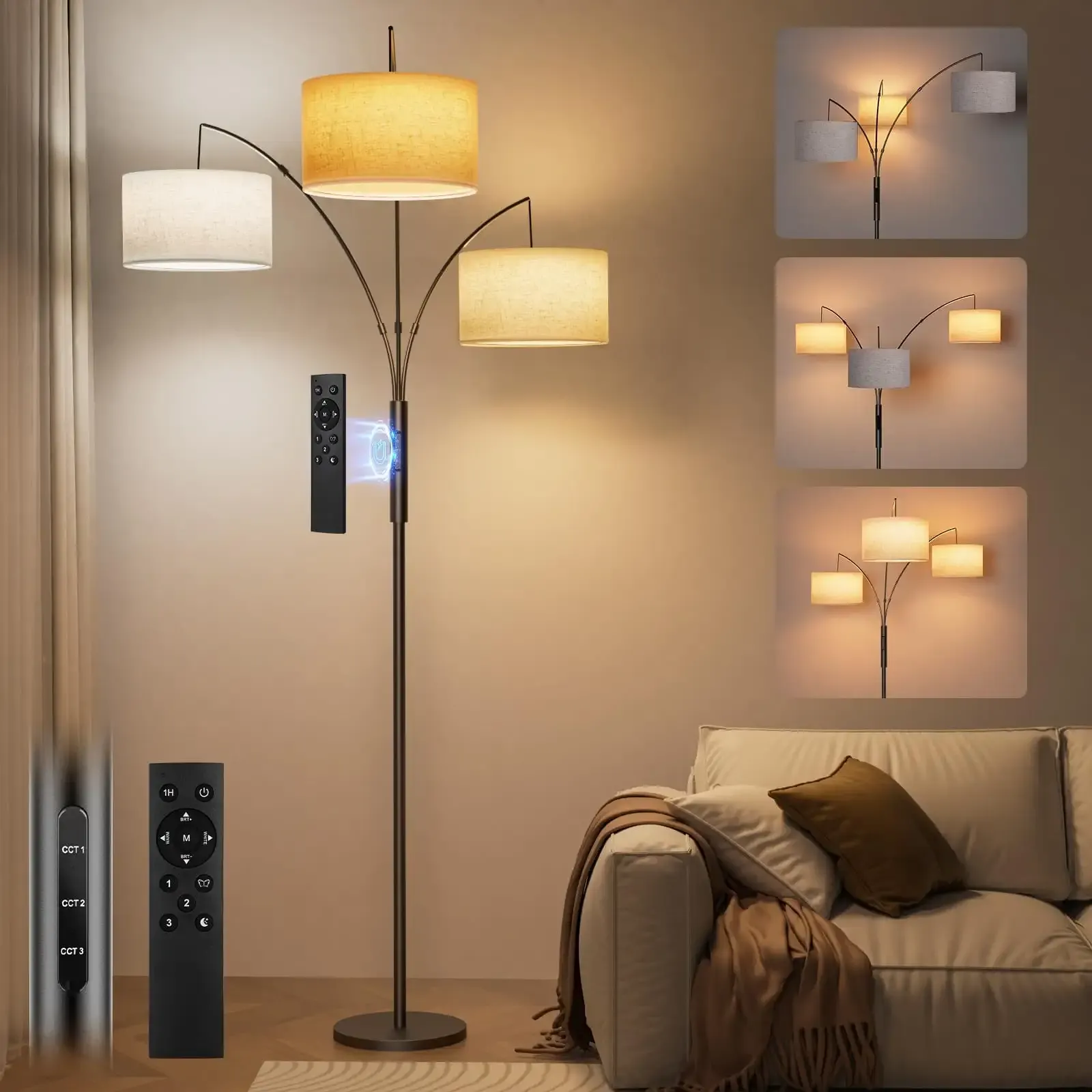 36W Corner Floor Lamp Dimmable - 3 Lights Arc Floor Lamps Standing Lamp with Remote & Touch Control, Tall Lamp for Living Room Corner, Bedroom, Office