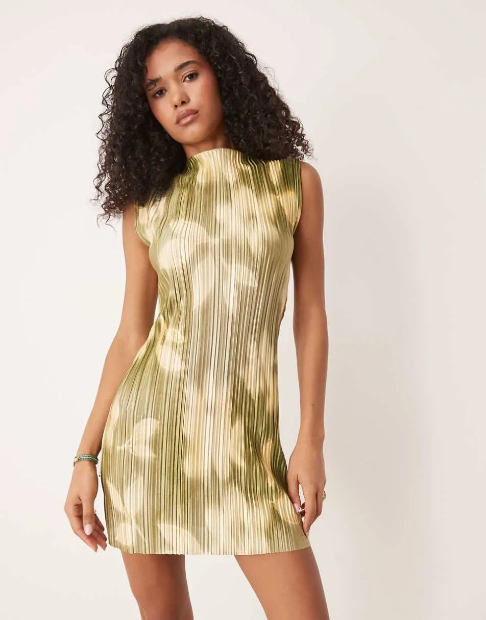 ASOS DESIGN plisse sleeveless mini dress in green floral print