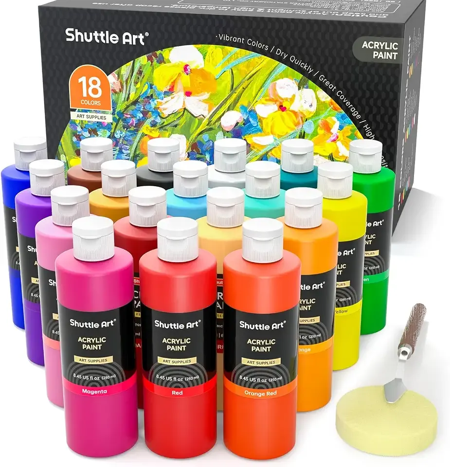 Shuttle Art 18 Colors Acrylic Paint Bottle Set (250ml/8.45oz), Rich Pigmented Bulk Painting Supplies for Artists, Beginners and Kids on Rocks Crafts Canvas Wood Ceramic