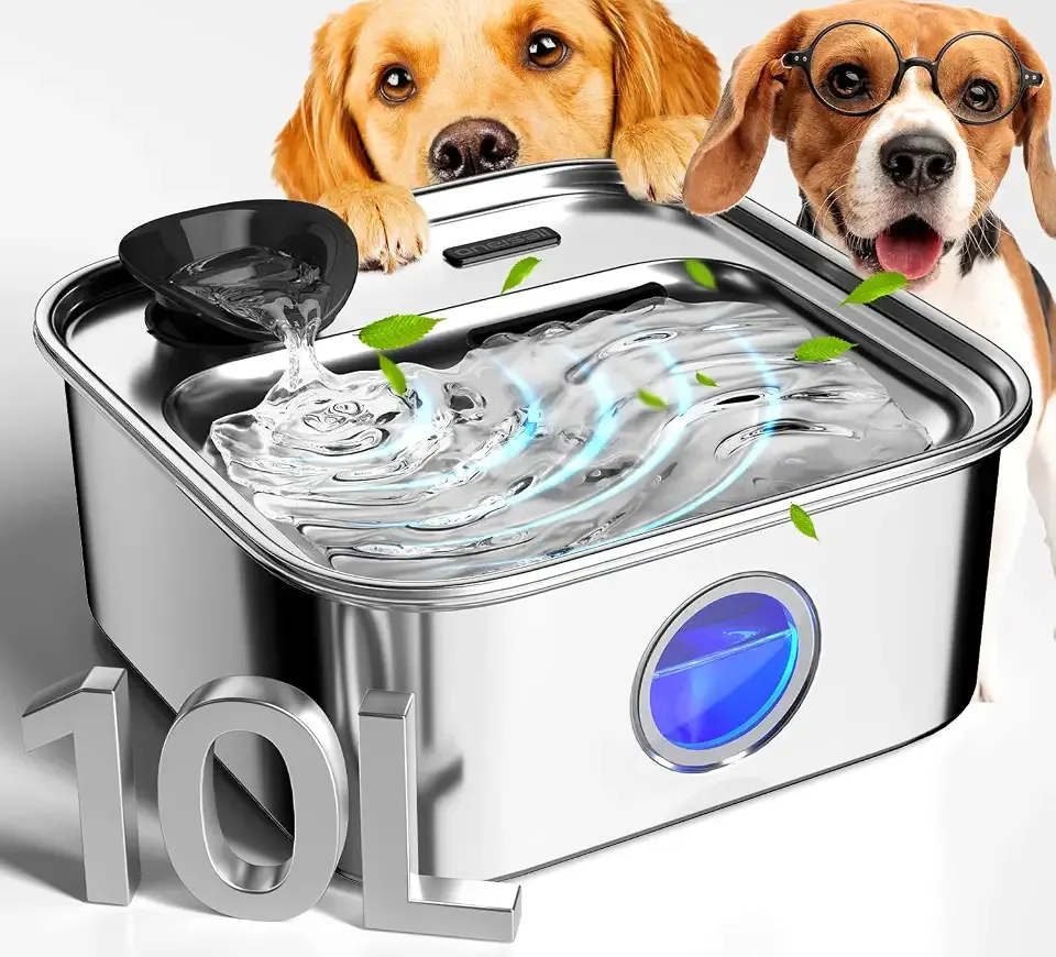oneisall 10L/2.6Gal Dog Water Fountain for Large Dogs (with 2 Filters) | Deeper & Wider Drinking Area, Visualization Window & Triple Filtration,304 Stainless Steel Dog Water Bowl Dispenser