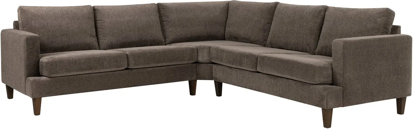 Sone dyp hjørnesofa Modulsofa. 2,5 seter + hjørne + 2,5 seter, armlene W4 i stoff 323 / 14 Mika medium brown. Dun i ryggputer